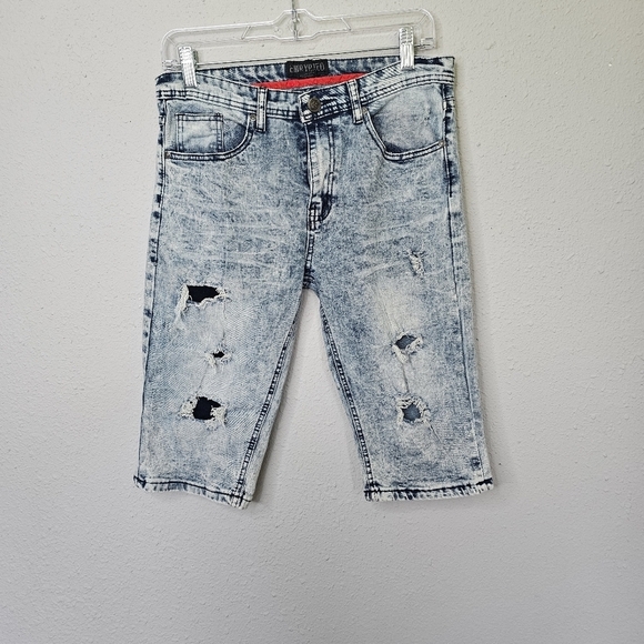 Encrypted Big Boys Jean Shorts Size 18 Acid Wash Straight Distressed Logo - Picture 1 of 9